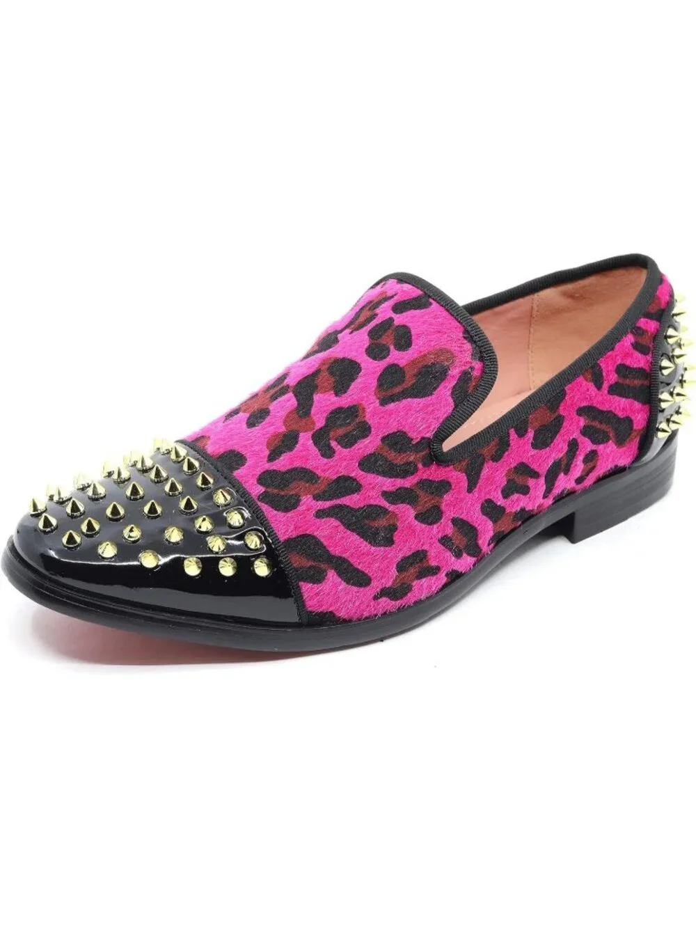 Metrocharm Men's Fuchsia Pink Leopard Print Loafers Smoking Slip On Formal Shoes